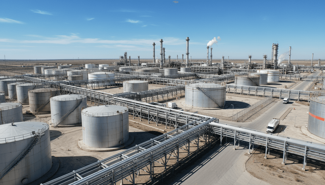 Industrial refinery with storage tanks and energy infrastructure