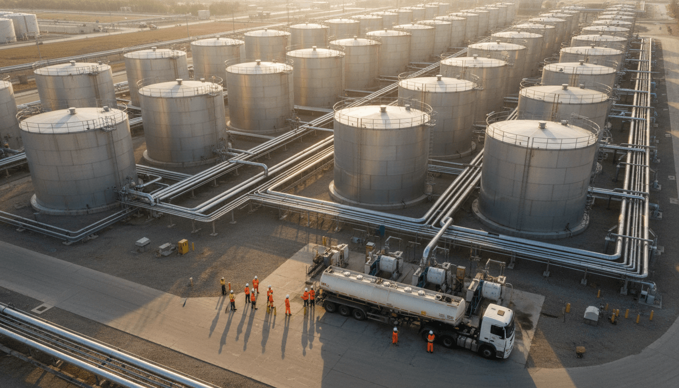 Modern petroleum storage facility with large industrial tanks and equipment