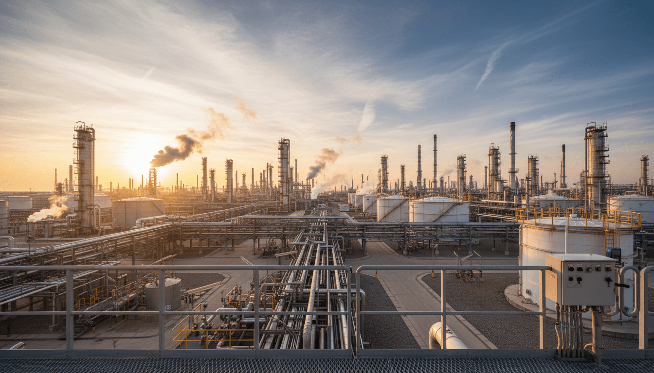 Industrial refinery facility with petroleum storage tanks and infrastructure