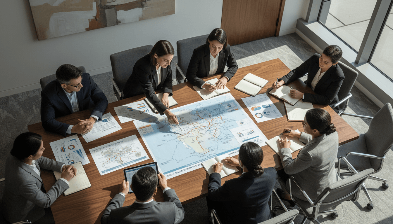 Business professionals discussing energy logistics and fuel supply solutions at a conference table